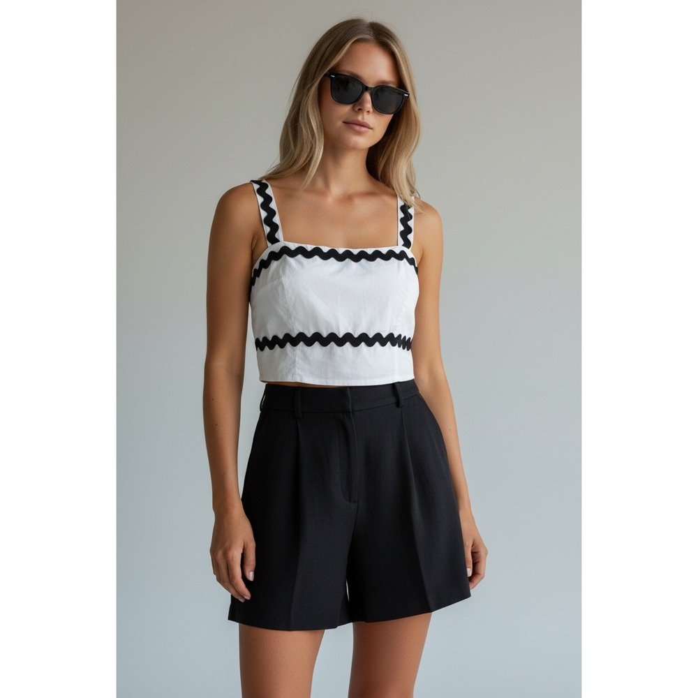Japna Size Large‎ White Black Ric Rac Trim Smocked Crop Top Tank Summer
